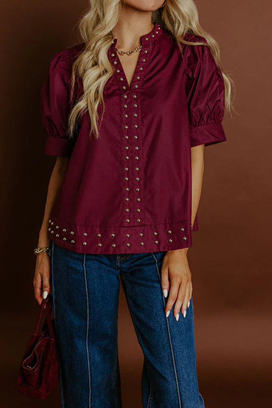 Burgundy Rivet Embellished V Neck Short Puff Sleeve Blouse