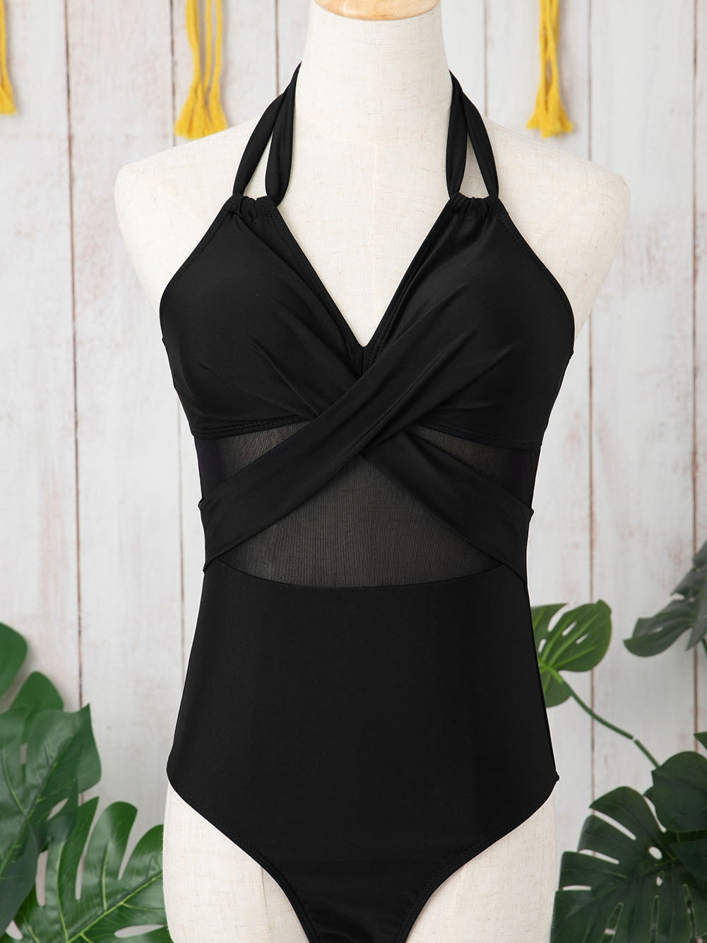 Black Mesh Crisscross Halter One-Piece Swimsuit with Sheer Inserts