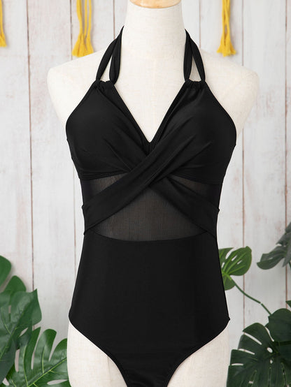 Black Mesh Crisscross Halter One-Piece Swimsuit with Sheer Inserts