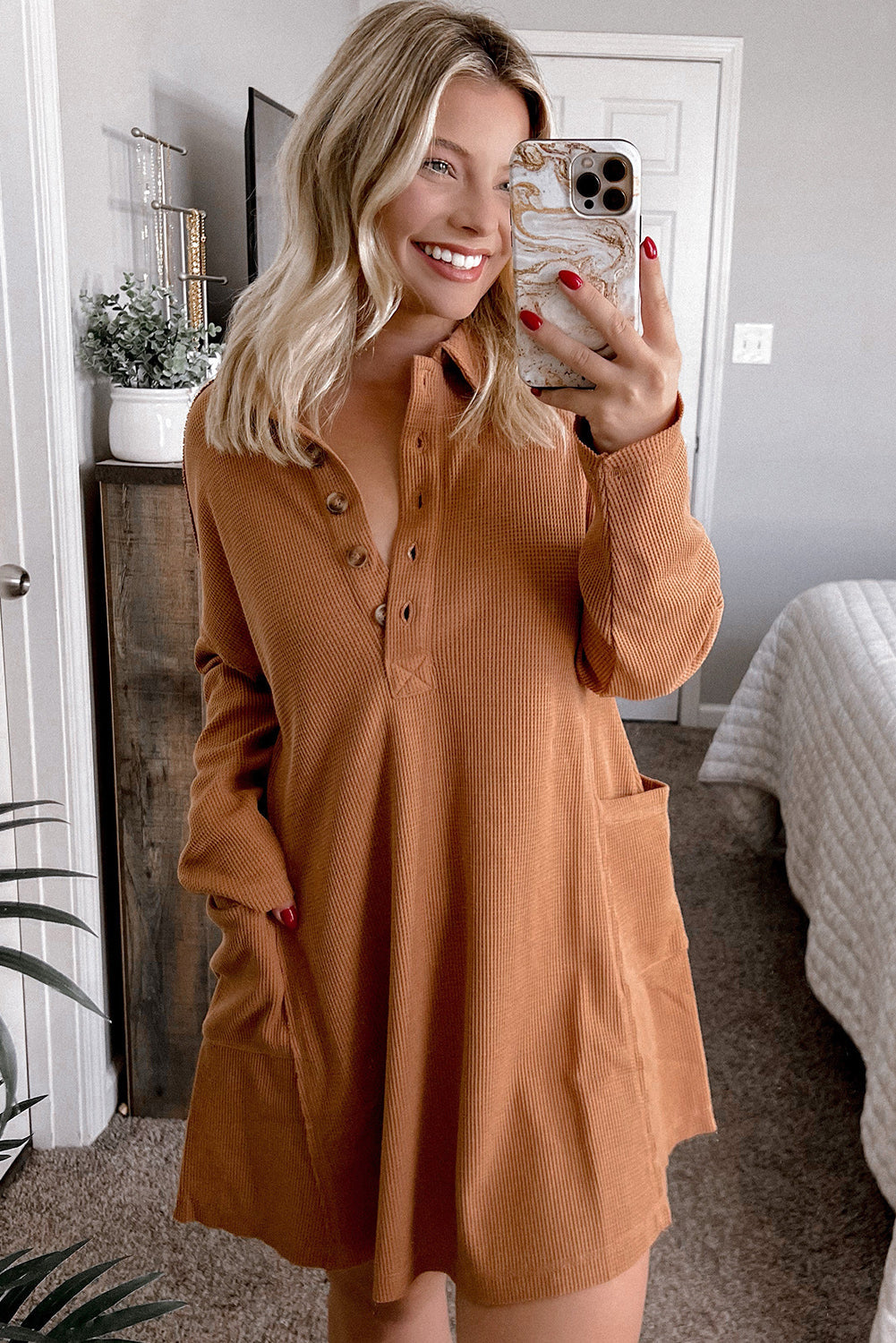 Chestnut Button Collared Split Neck Waffle Knit Dress