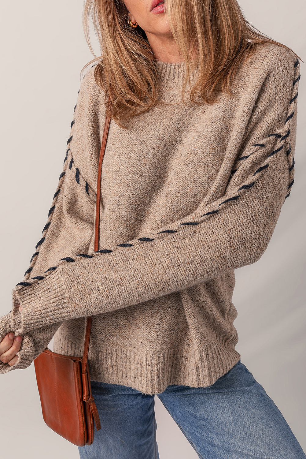 Smoke Gray Color Contrast Stitched Ribbed Edge Crew Neck Sweater