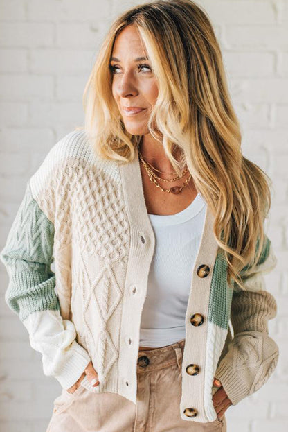Parchment Mix Texture Knitted Color Block Button Down V Neck Sweater Cardigan