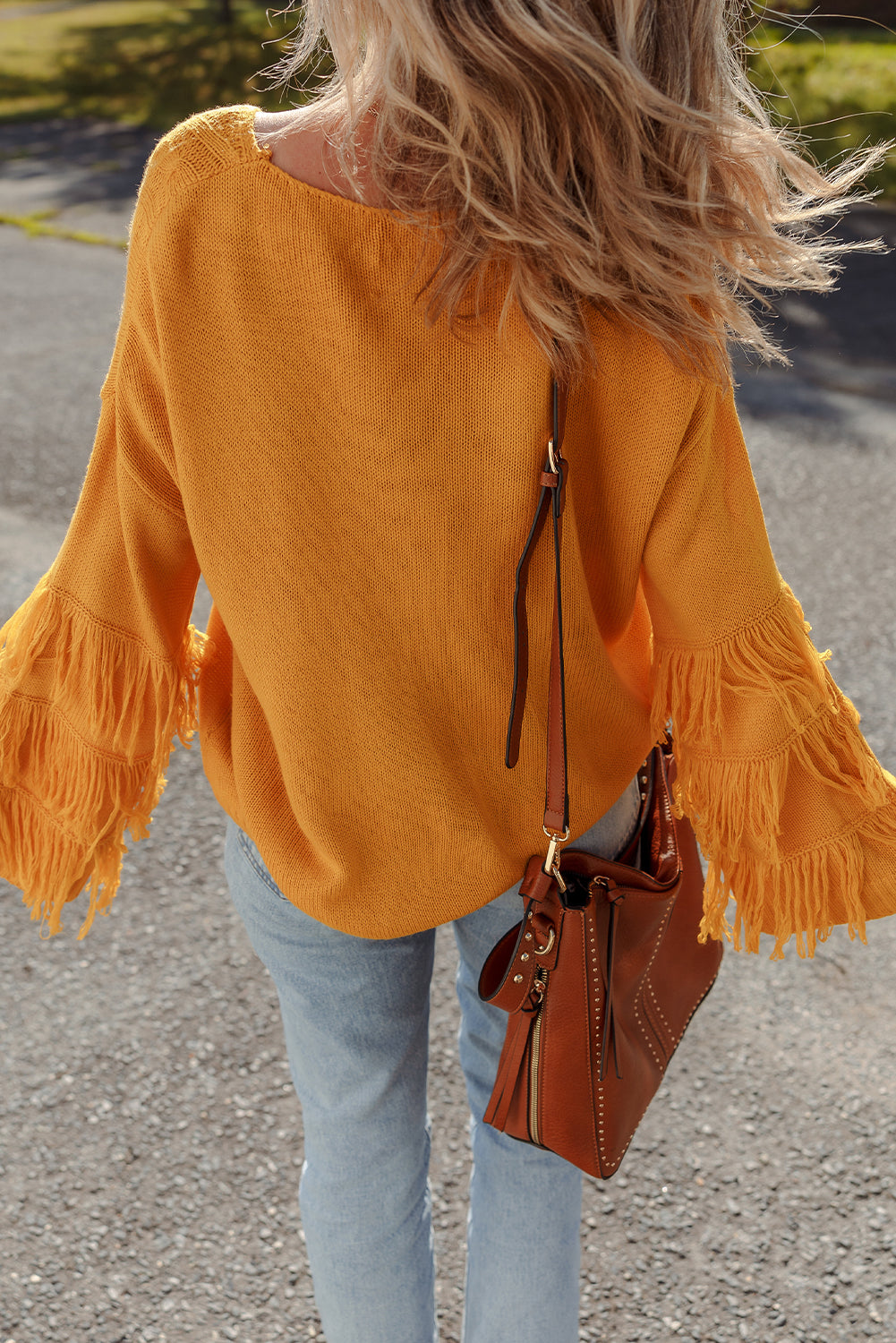 Jurassic Gold Pattern Knit Detail Fringe Trim Bell Sleeve Drop Shoulder Sweater