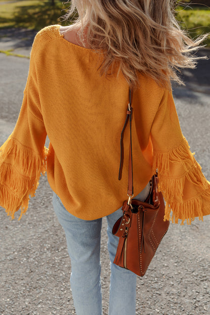 Jurassic Gold Pattern Knit Detail Fringe Trim Bell Sleeve Drop Shoulder Sweater