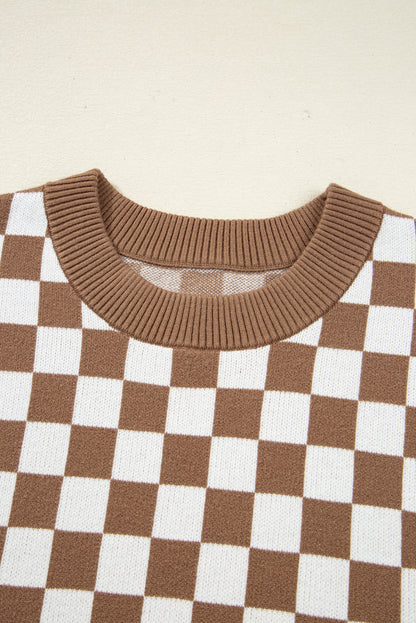 Brown Checkered Contrast Edge Crewneck Plus Size Sweater