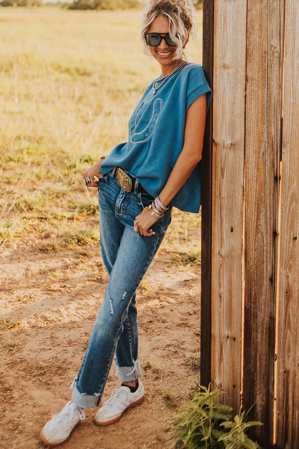 Light Blue Horse Shoe Embroidered Loose Short Sleeve Sweater