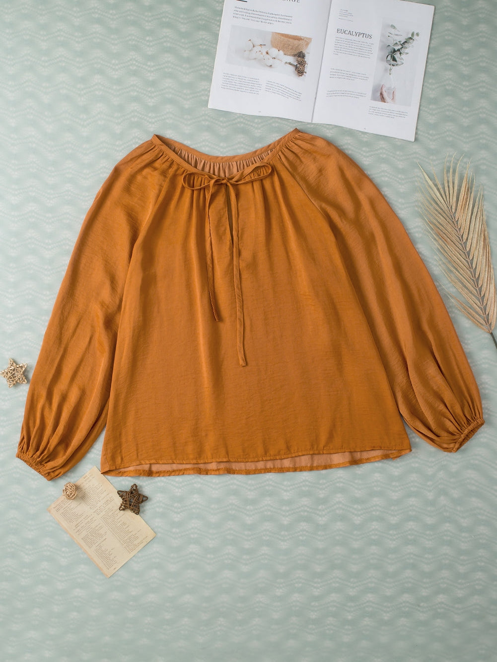 Graceful Camel Satin Pleated V Neck Puff Sleeve Blouse