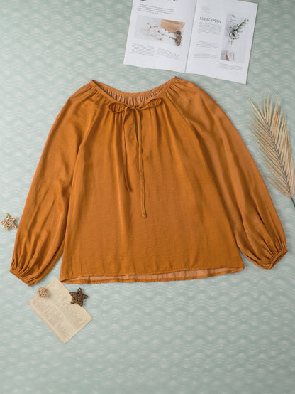 Graceful Camel Satin Pleated V Neck Puff Sleeve Blouse