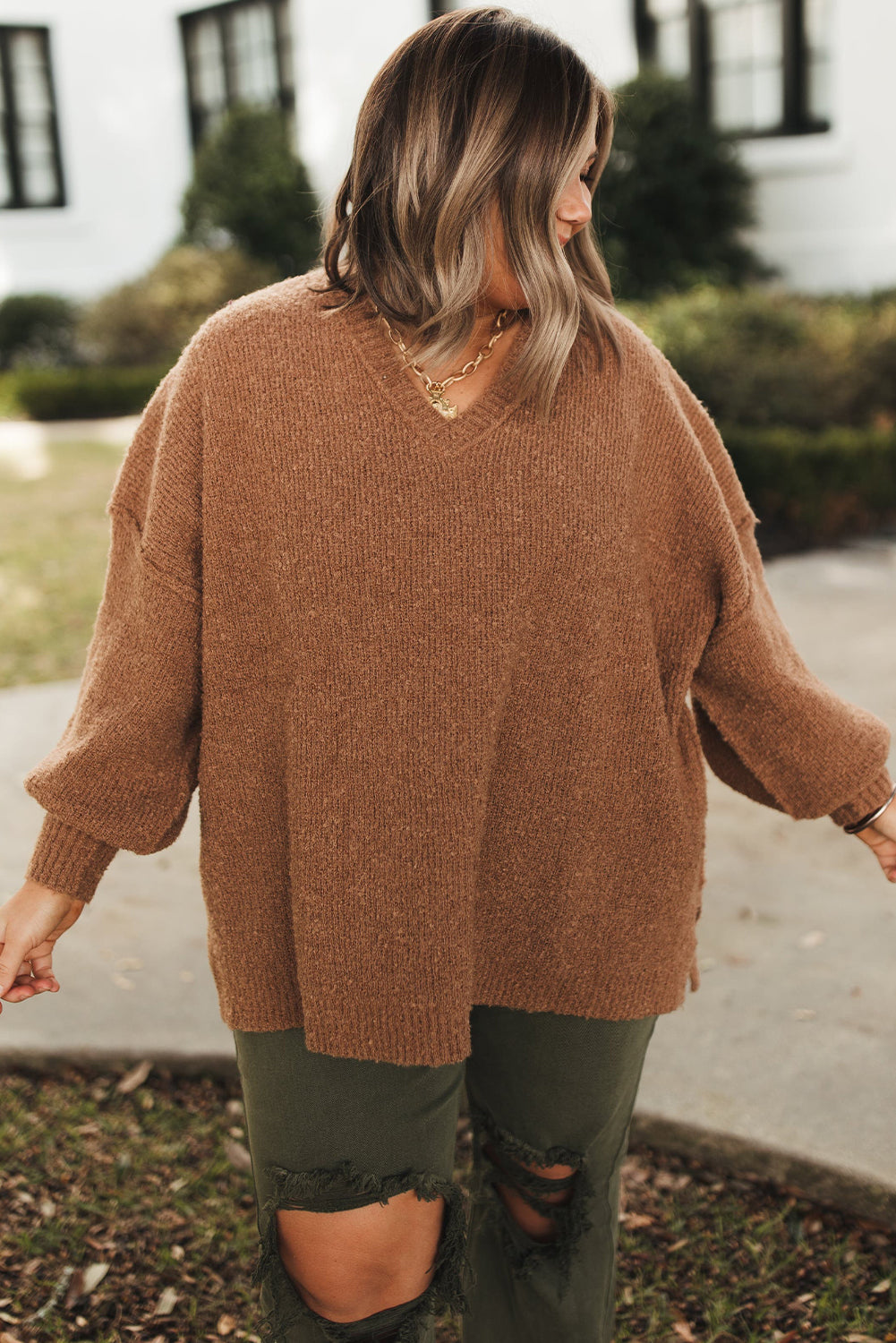 Chestnut Plus Size V Neck Drop Shoulder Knit Side Slit Loose Sweater