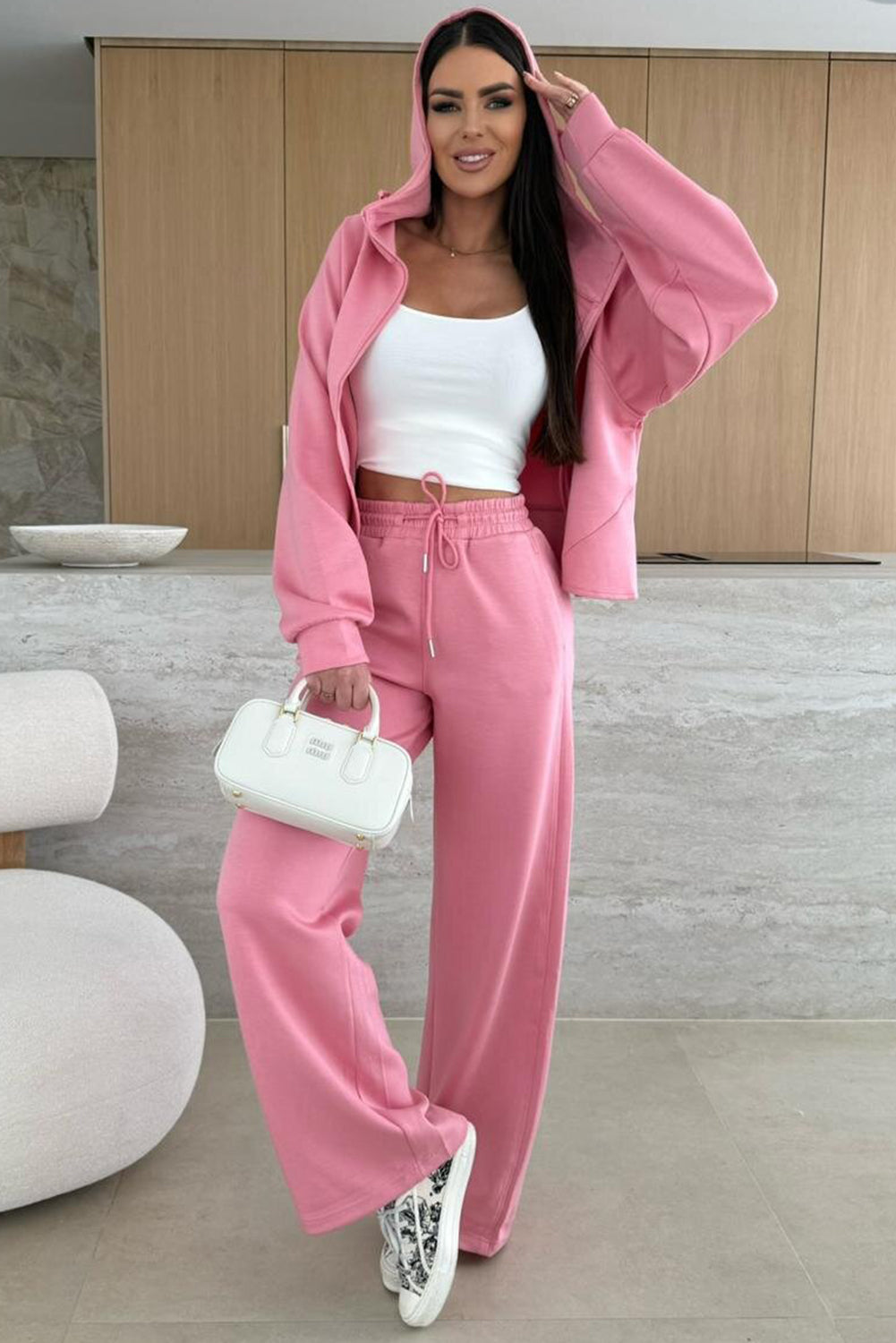 Pink Solid Color Zip Up Hoodie Drawstring Loose Pants Set