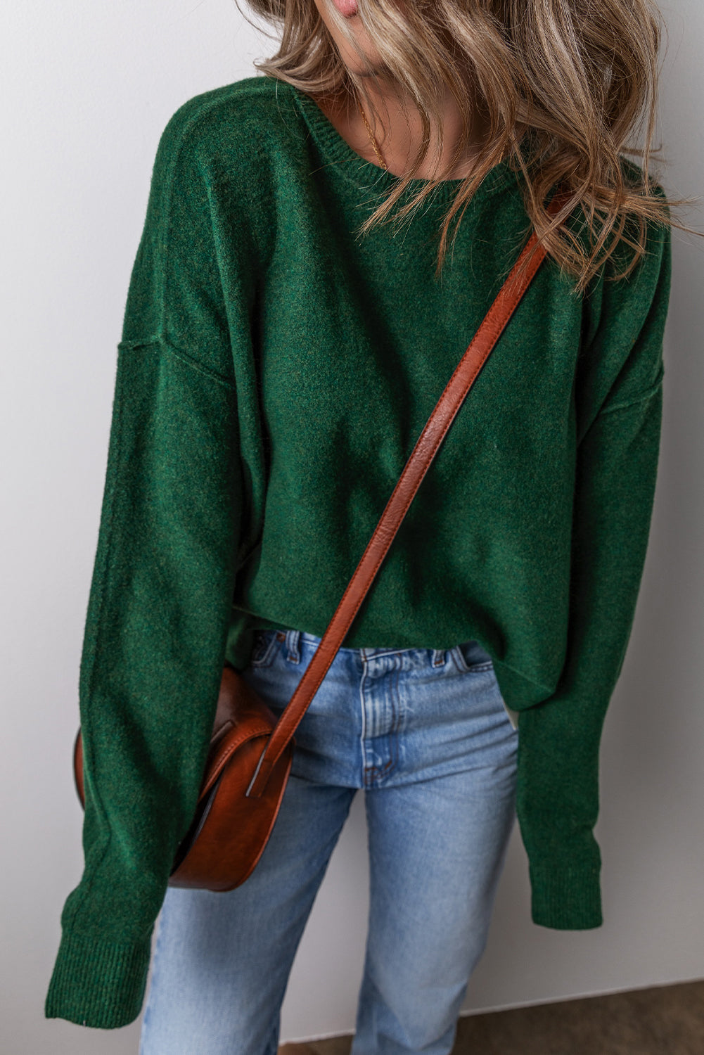 Blackish Green Plain Drop Sleeve Crew Neck Loose Sweater