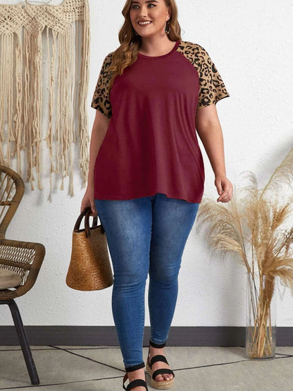 Leopard Print Raglan Sleeve Burgundy Plus Size Tee