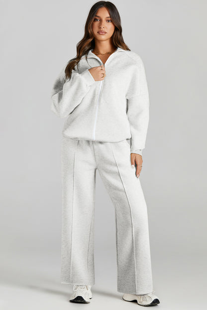 Light Grey Drop Shoulder Zip Up Jacket Drawstring Pants Active 2pcs Set