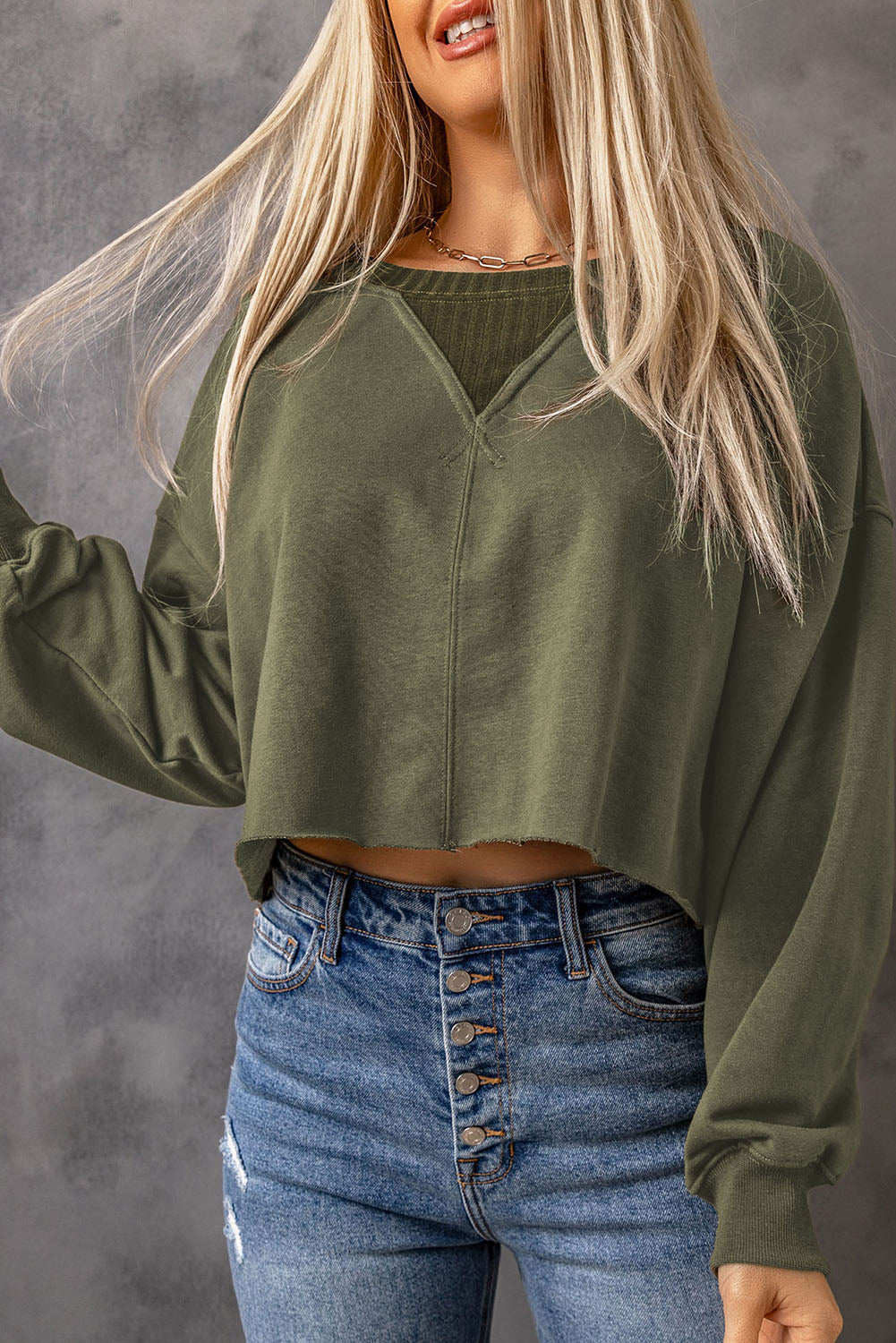 Green Curly Hemline Cropped Sweatshirt