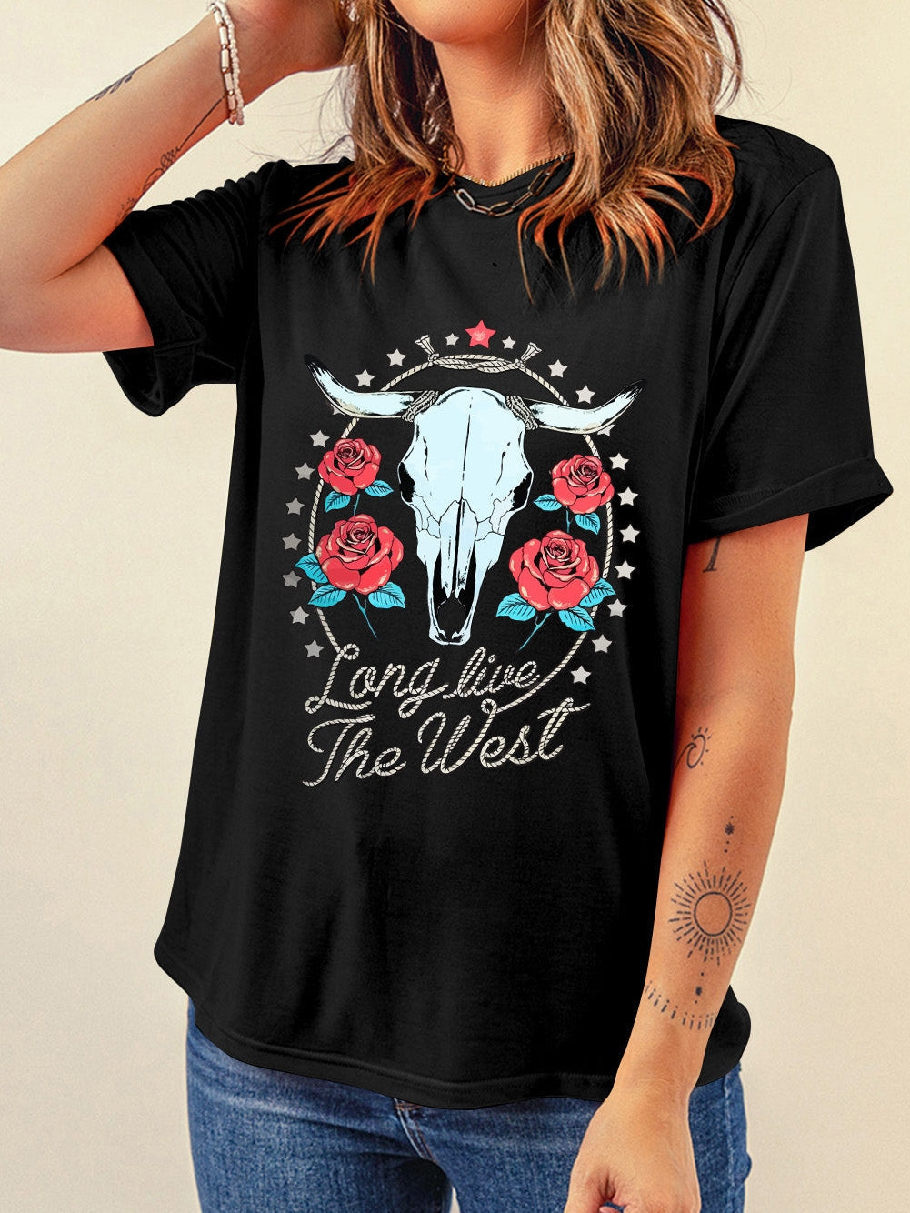 Floral Long Live The West Black Steer Head Graphic T-Shirt