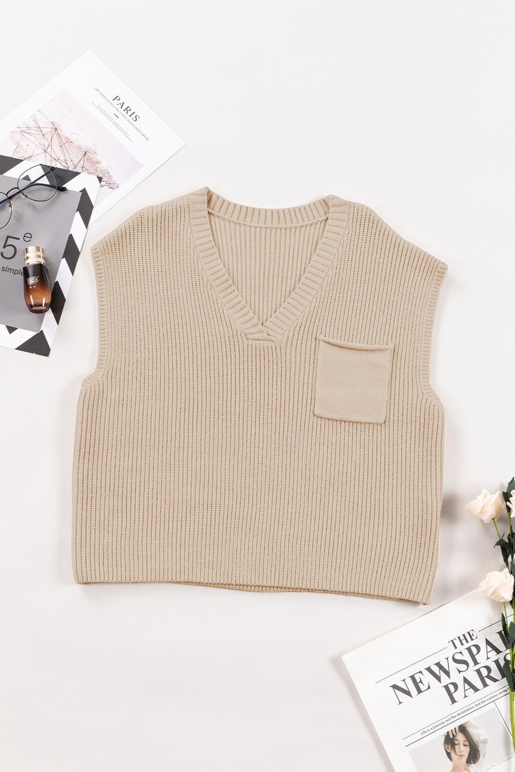 Apricot Ribbed V Neck Cap Sleeve Sweater with Chest Pocket