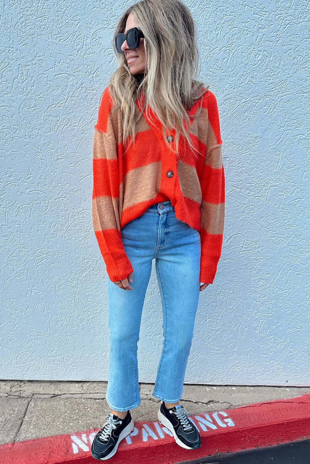 Orange Color Block Buttoned V Neck Loose Fit Cardigan