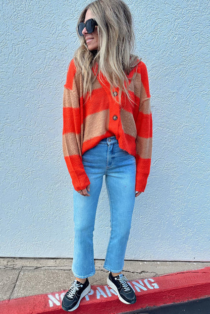 Orange Color Block Buttoned V Neck Loose Fit Cardigan