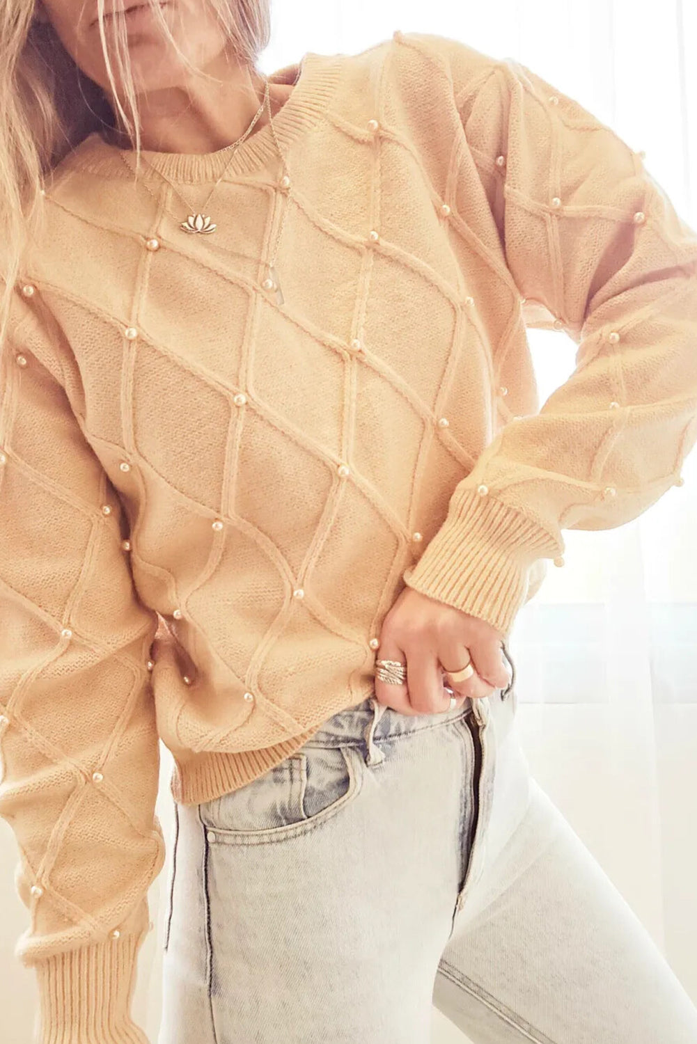 Banana Cream Pearl Embellished Rhombus Knit Casual Sweater