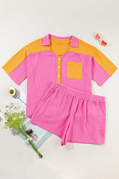 Rose Red Plus Size Color Block Lounge Set with Crinkle Texture