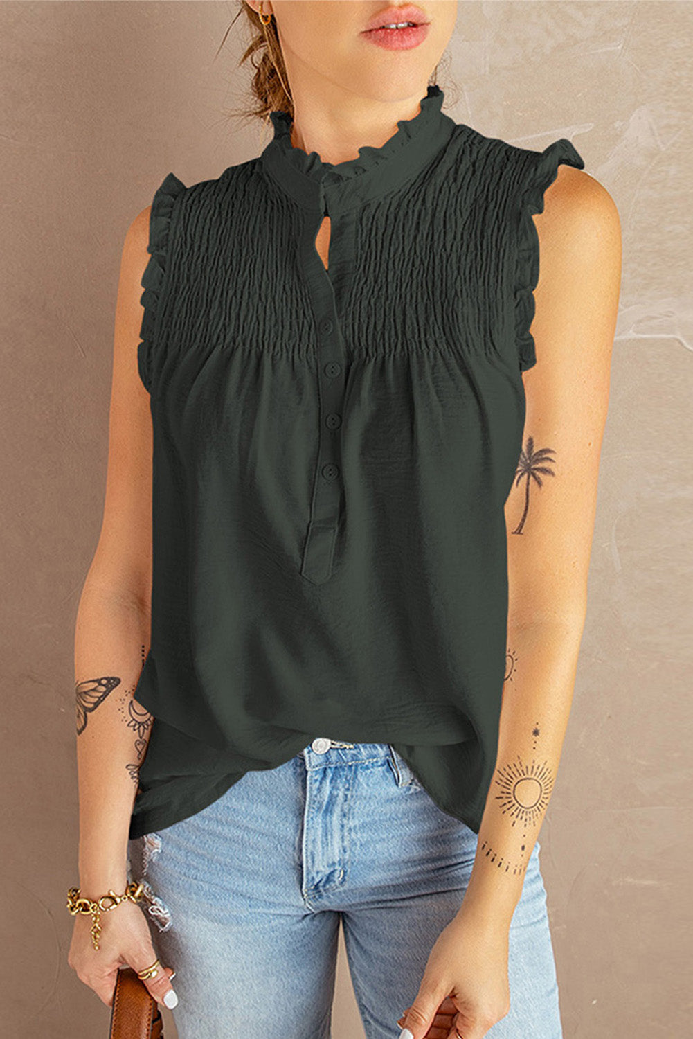 Green Buttoned Frill Tank Top