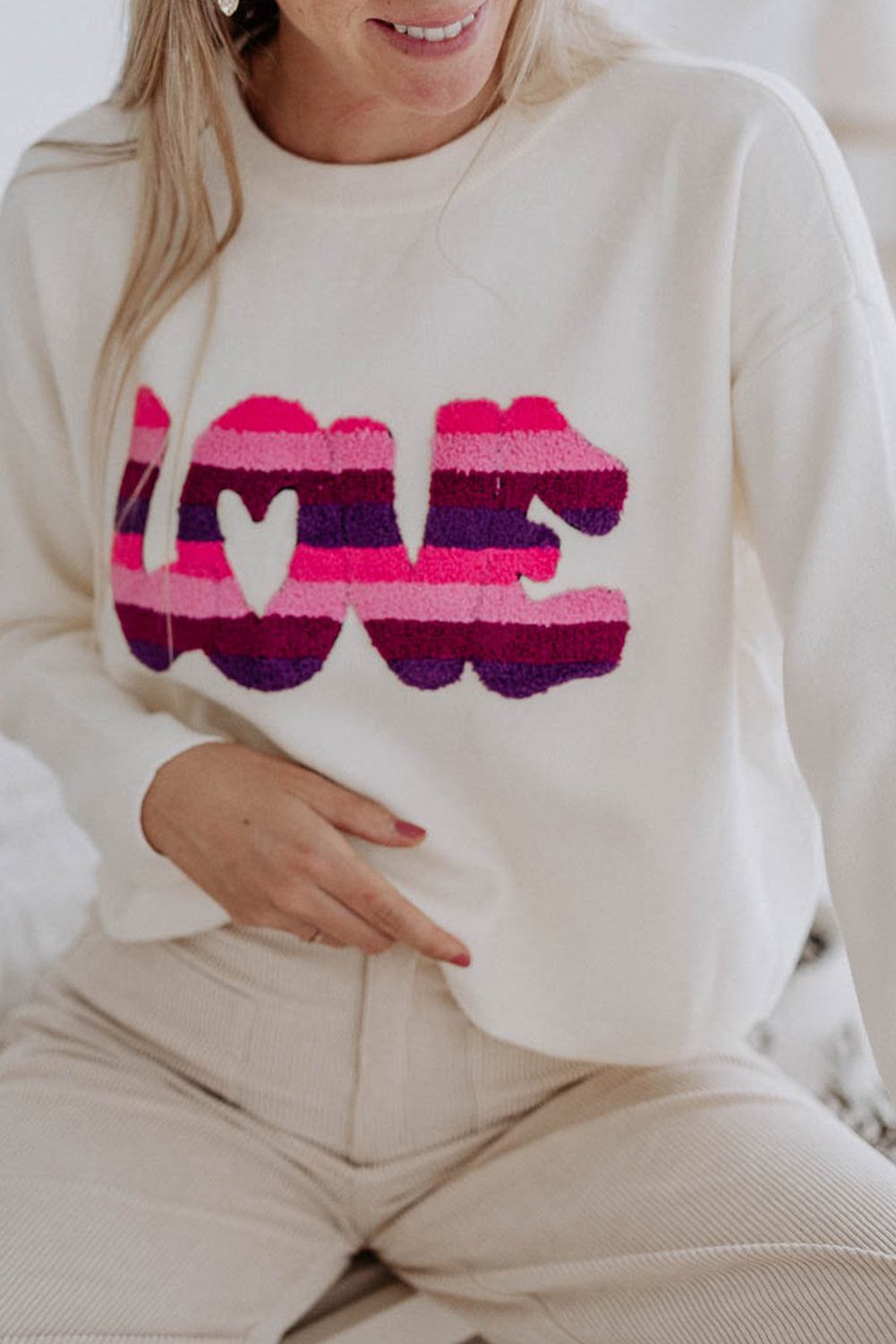 White LOVE Striped Chenille Letter Patched Sweaters