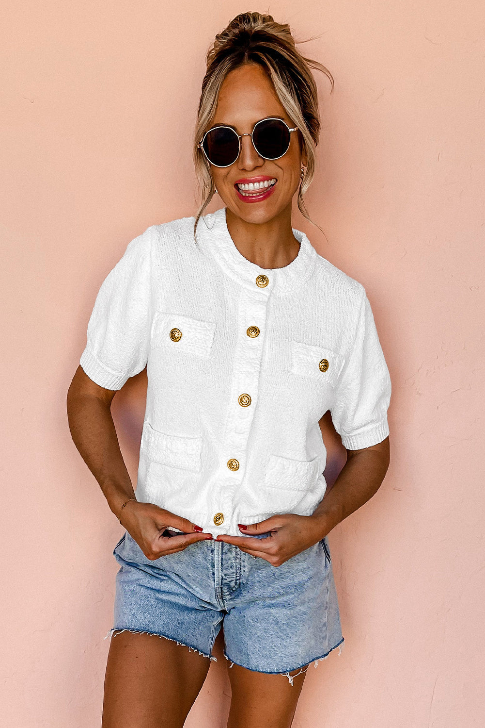 Elegant White Textured Knit Sweater with Gold Buttons