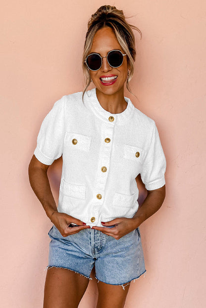 Elegant White Textured Knit Sweater with Gold Buttons