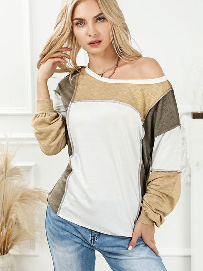 Khaki Patchwork Color Block Knit Top