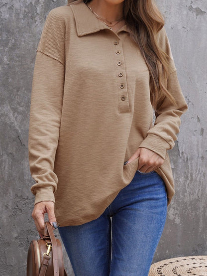 Elegant Khaki Knit Top with Chic Turn-down Neck