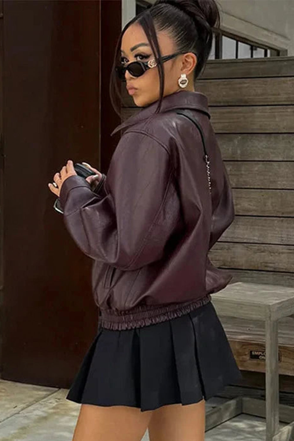 Wild Ginger Elastic Hem Zip Up Faux Leather Jacket