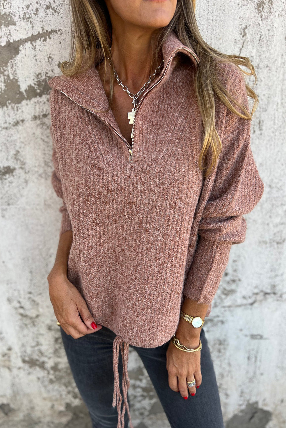 Rose Tan Half Zipped Collar Drawstring Hem Casual Sweater