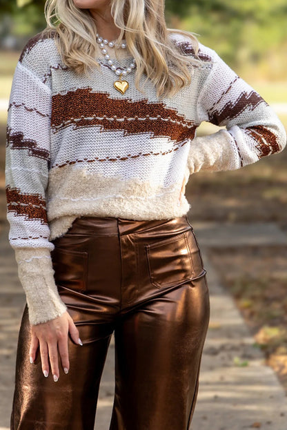 Brown Unique Color Block Knit Casual Sweater