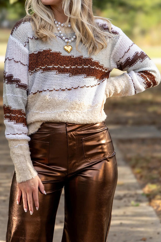 Brown Unique Color Block Knit Casual Sweater