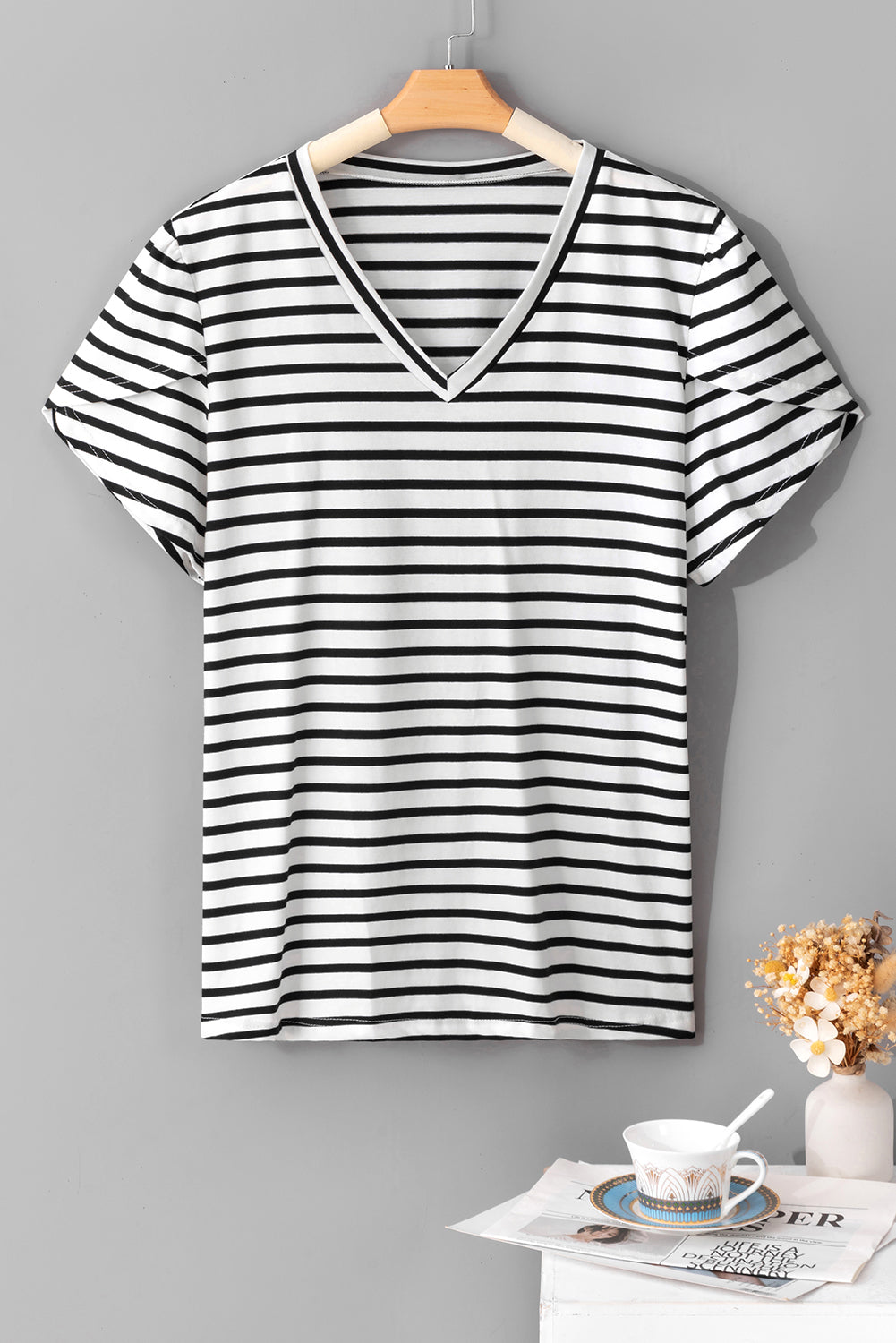 Elegant White Striped V Neck Petal Sleeve Plus Size Tee