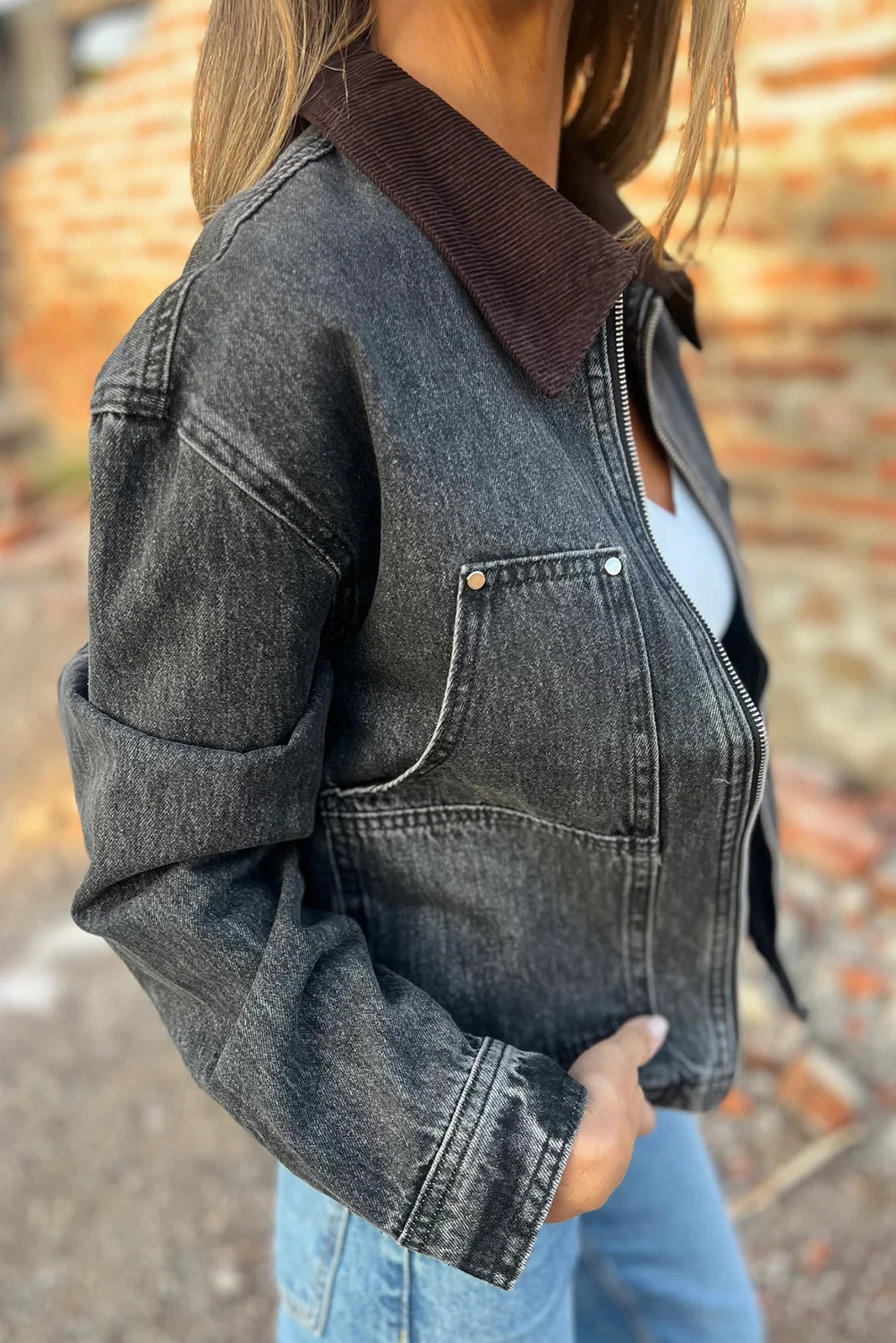 Black Corduroy Collar Zipped Front Denim Jacket