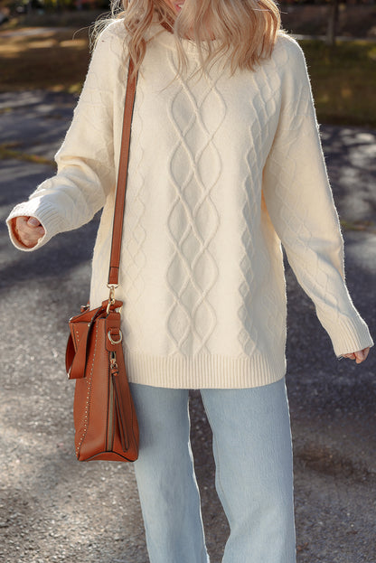 Beige Drop Shoulder Cable Knit Tunic Sweater