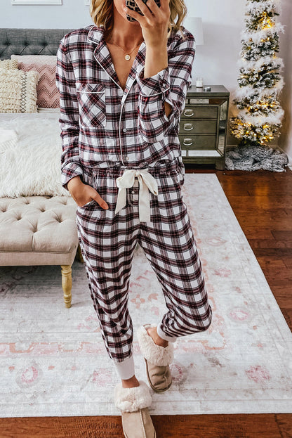 Black Christmas Fashion Plaid Long Sleeve Shirt Contrast Drawstring Pants Set