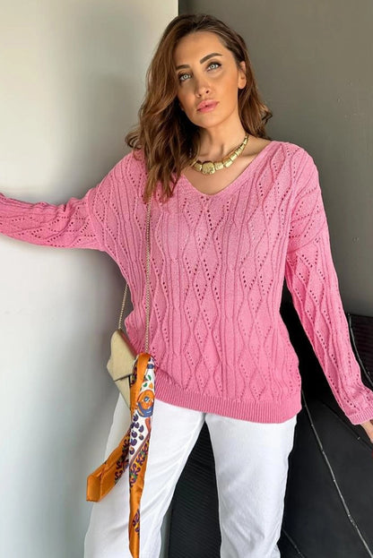 Sachet Pink Geometric Textured Crisscross Lace up Knit V Neck Sweater