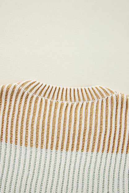 Brown Colorblock Textured Knit Bubble Sleeve Sweater