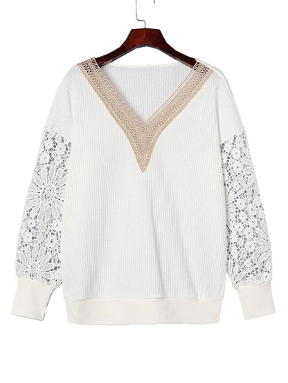 Elegant White Guipure Lace V-Neck Winter Top