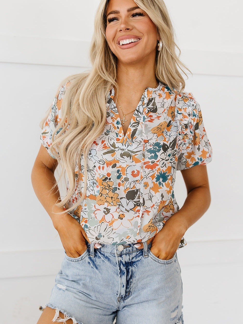 Floral Print Split V Neck Puff Sleeve Blouse