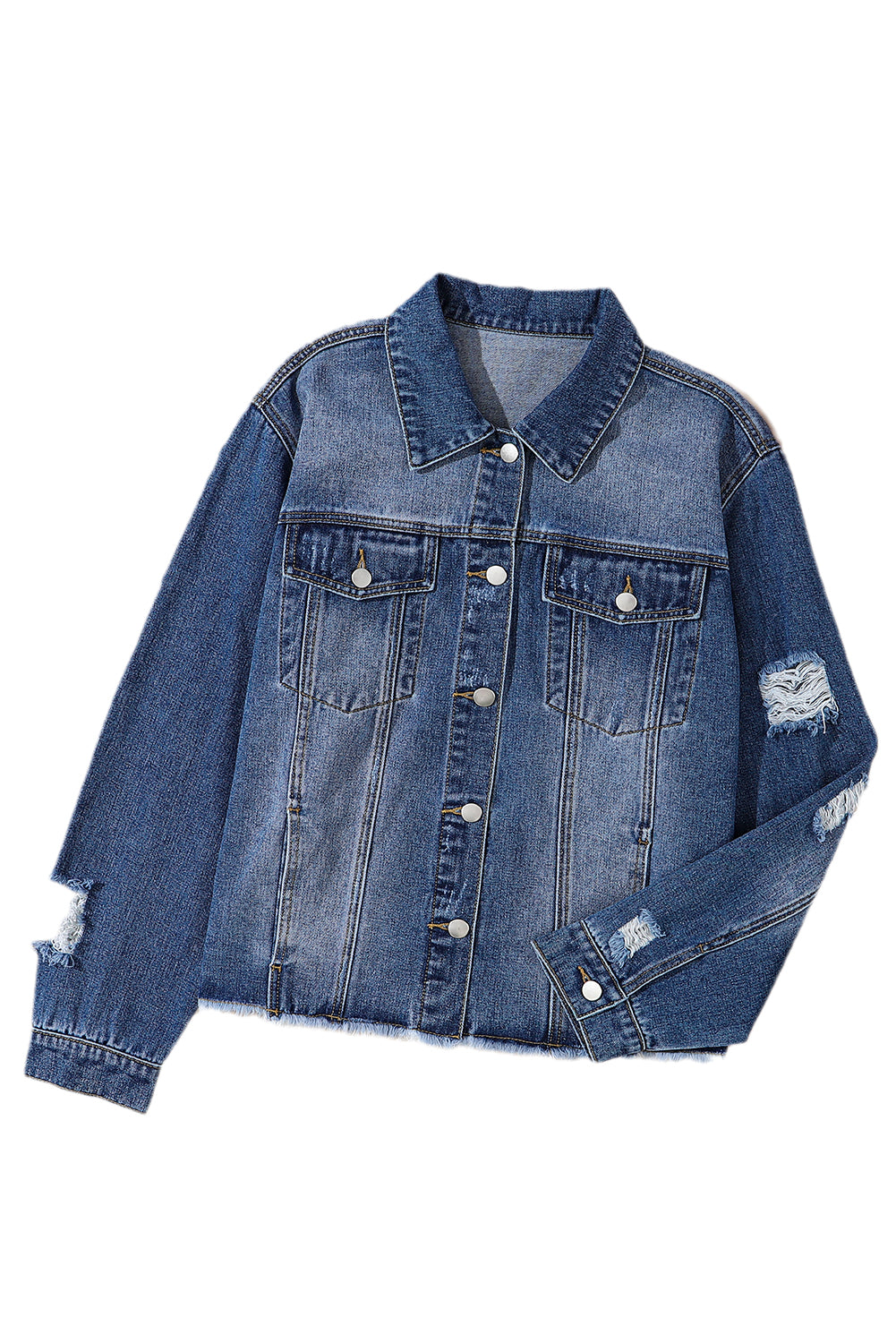 Stylish Plus Size Navy Distressed Denim Shacket