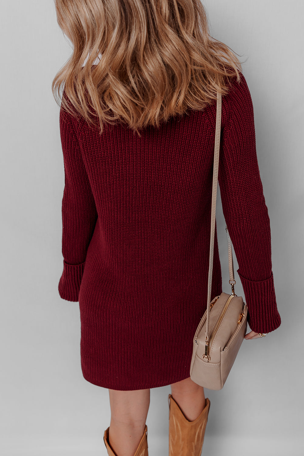 Burgundy Raglan Sleeve Ribbed Knit High Neck Bodycon Sweater Mini Dress