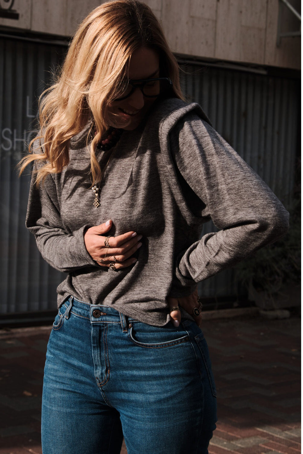 Gray Solid Color Faux Two Piece Patchwork Long Sleeve Top