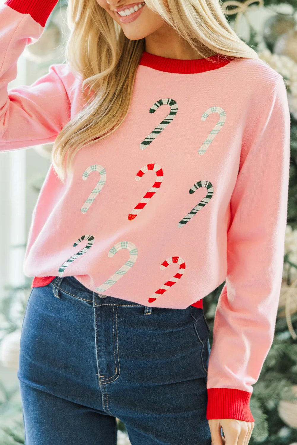 Gossamer Pink Color Block Trim Round Neck Candy Cane Embroidered Sweater