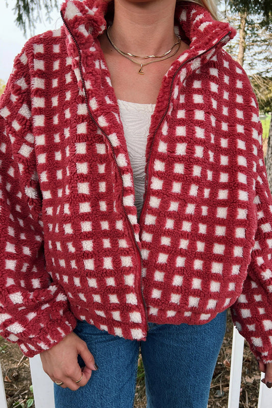 Red Plush Plaid Zip Up Cozy Winter Coat