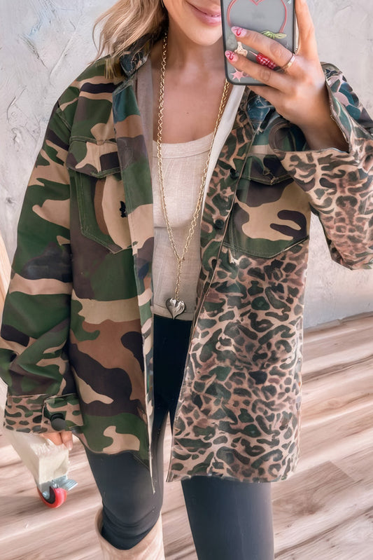 Brown Leopard Camo Patchwork Oversize Shacket