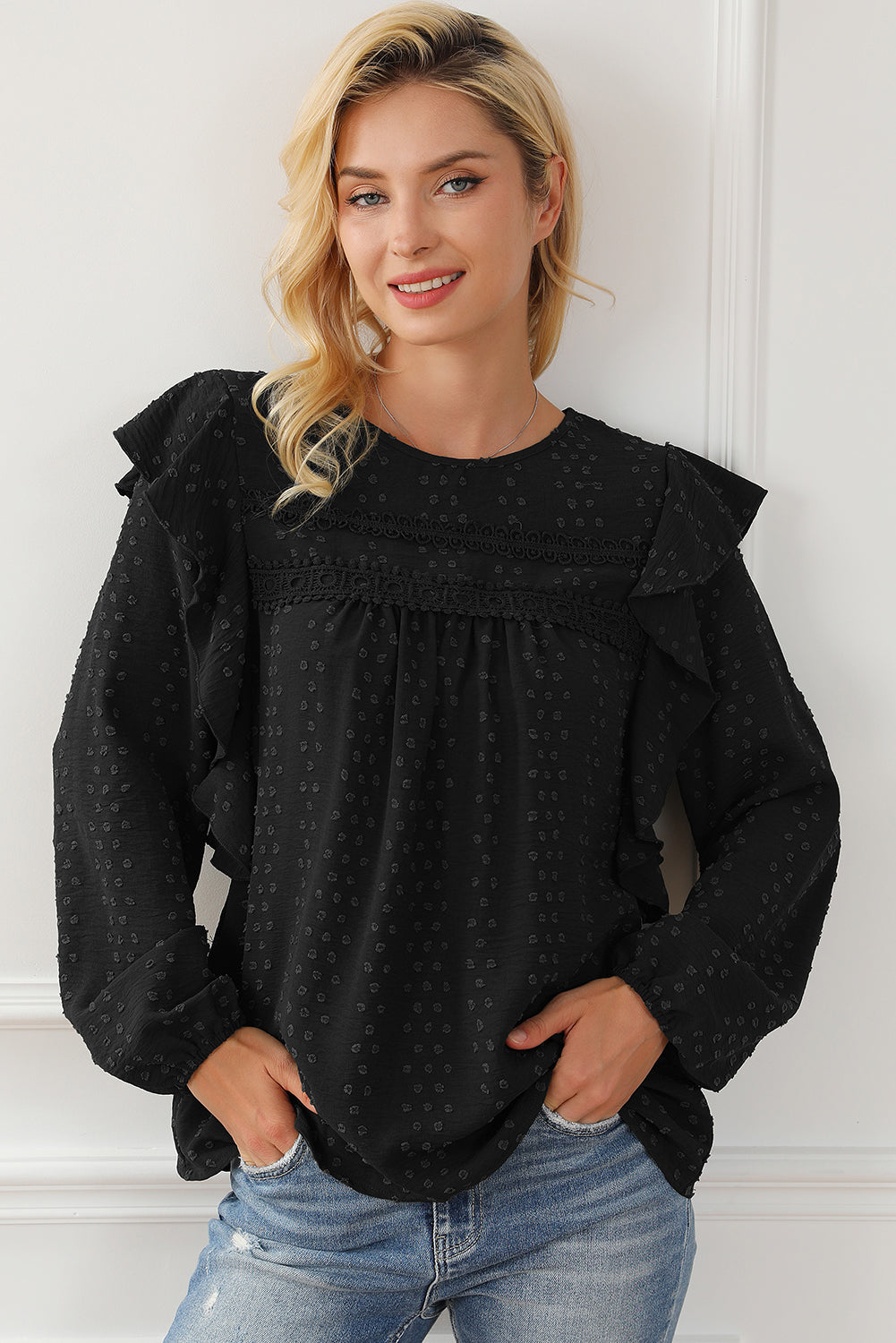 Elegant Black Lace Eyelet Ruffle Sleeve Blouse for Fall