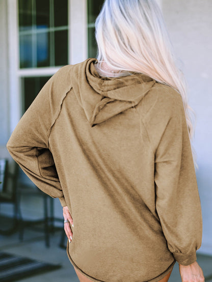 Khaki Exposed Seam Waffle Knit Hoodie with Adjustable Drawstring